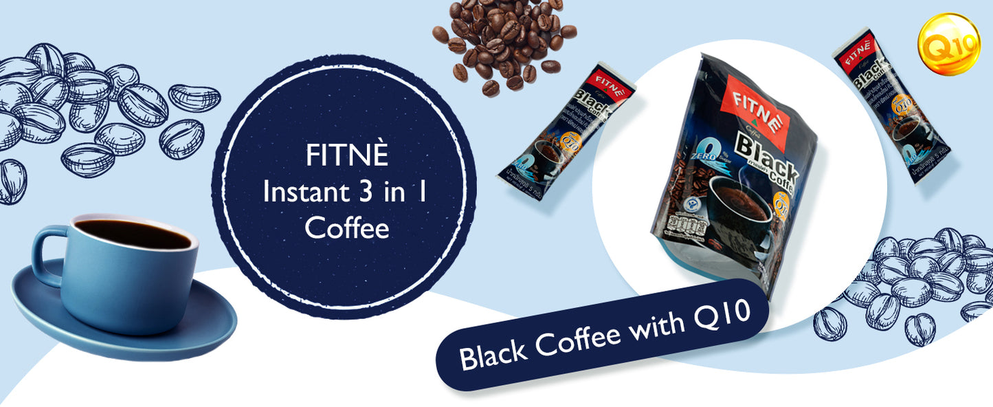 FITNE Coffee Q10 – Instant Black Coffee Mix with Coenzyme Q10 for Energy & Fat Metabolism, 3 packs x 10 sachets, total 30 sachets