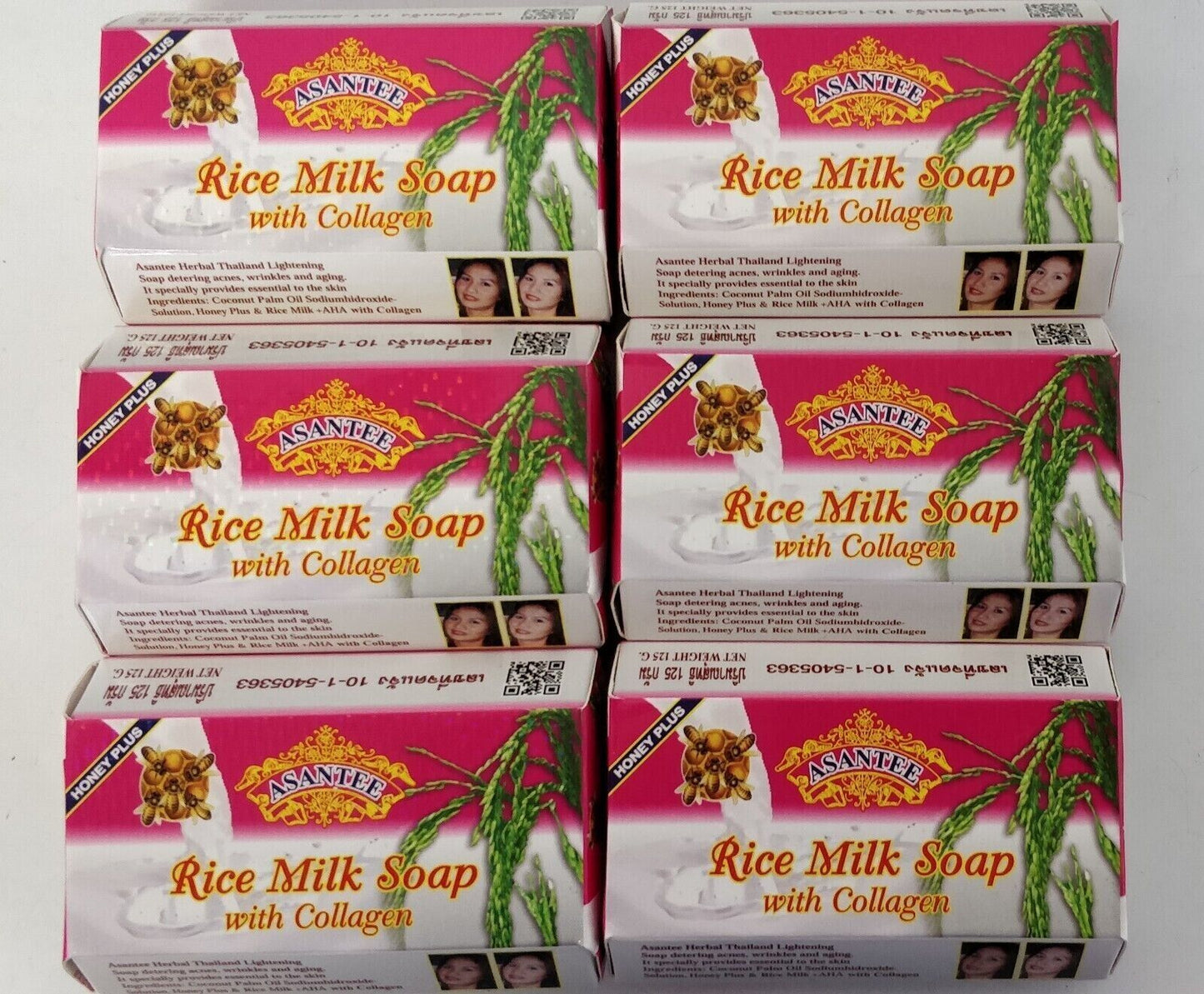 Asantee Rice Milk Soap with Collagen & Honey – Whitening, Moisturizing & Anti-Aging – 6 Bars x 125g – Natural Thai Herbal Soap