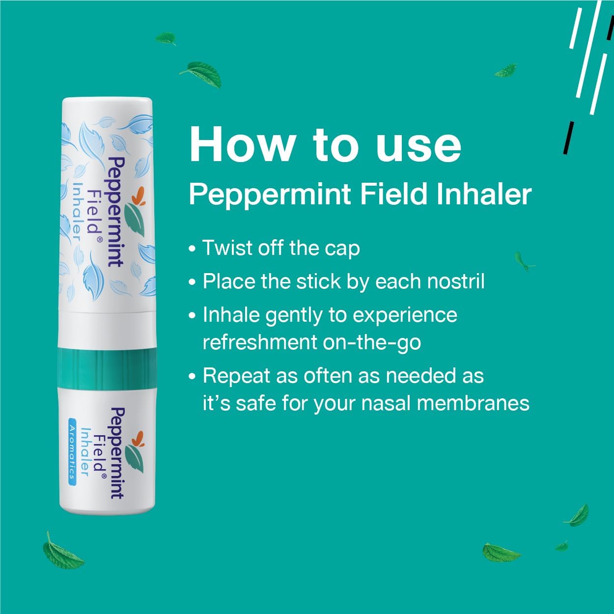 Peppermint Field Inhaler – Thai Herbal Nasal Stick with Essential Oils, 6 Sticks x 2 Packs (Total 12 Inhalers)