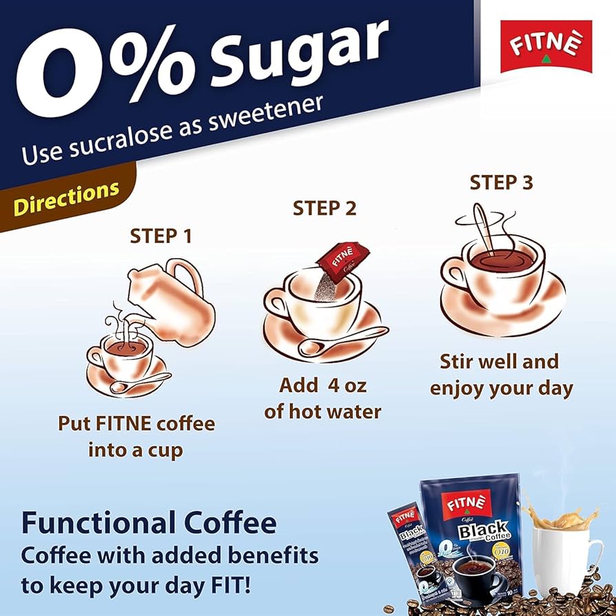 FITNE Coffee Q10 – Instant Black Coffee Mix with Coenzyme Q10 for Energy & Fat Metabolism, 3 packs x 10 sachets, total 30 sachets