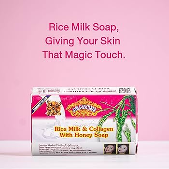 Asantee Rice Milk Soap with Collagen & Honey – Whitening, Moisturizing & Anti-Aging – 6 Bars x 125g – Natural Thai Herbal Soap