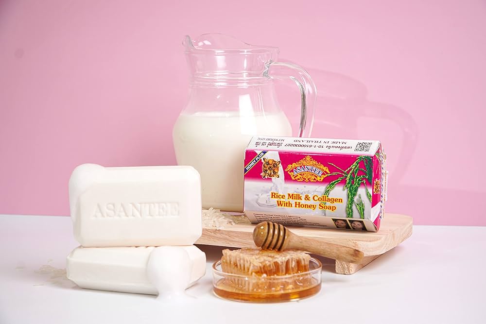 Asantee Rice Milk Soap with Collagen & Honey – Whitening, Moisturizing & Anti-Aging – 6 Bars x 125g – Natural Thai Herbal Soap