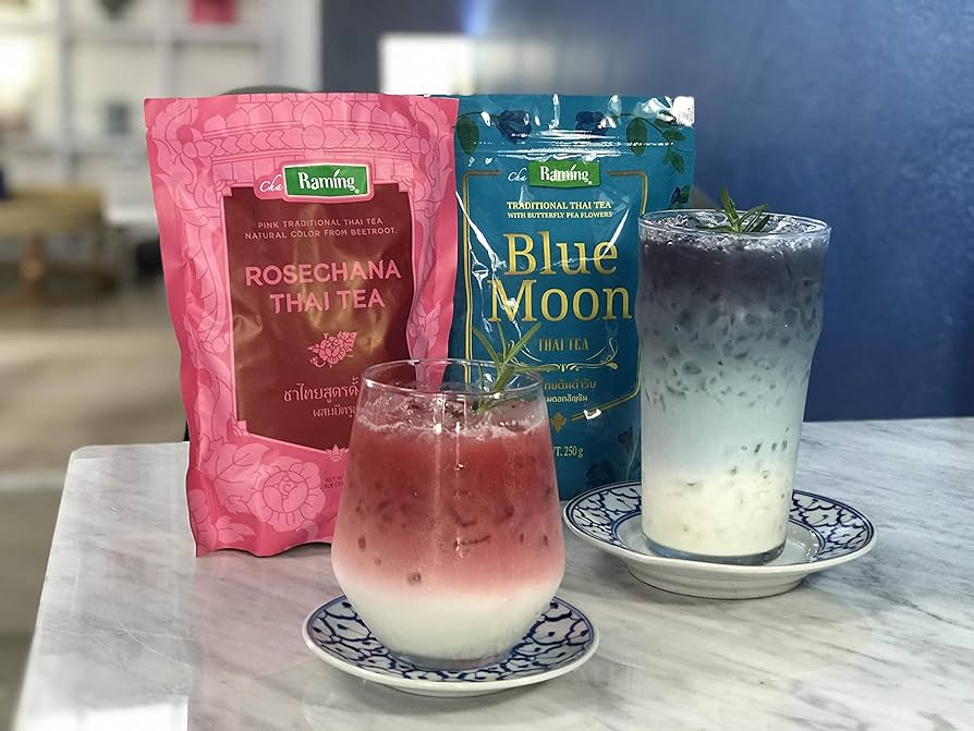 Raming Thai Tea Duo – Rosechana & Blue Moon Tea Mix (2 x 250g Packs) | Authentic Thai Floral & Herbal Milk Tea Blend