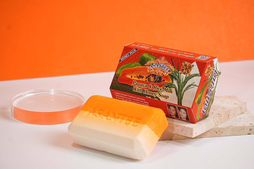 Asantee Papaya & Rice Milk Herbal Soap – Skin Brightening, Exfoliating & Moisturizing – 6 Bars x 125g – Thai Natural Whitening Soap