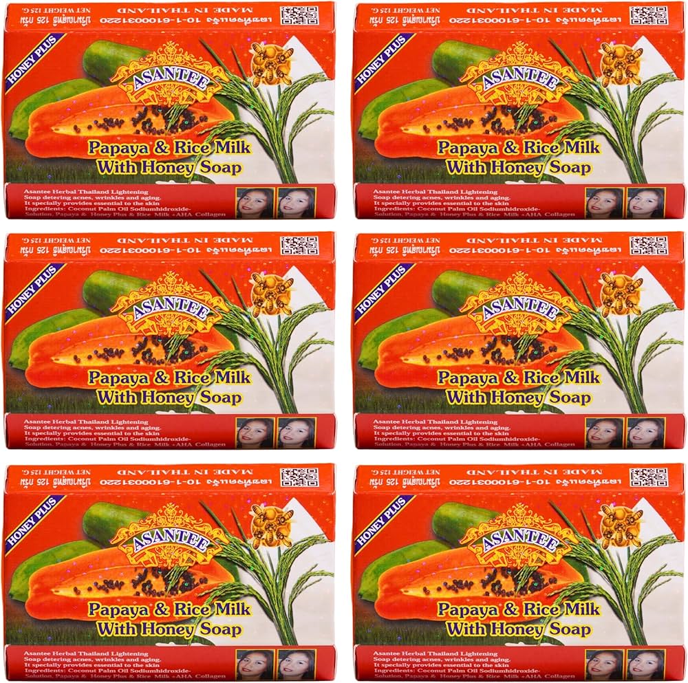 Asantee Papaya & Rice Milk Herbal Soap – Skin Brightening, Exfoliating & Moisturizing – 6 Bars x 125g – Thai Natural Whitening Soap