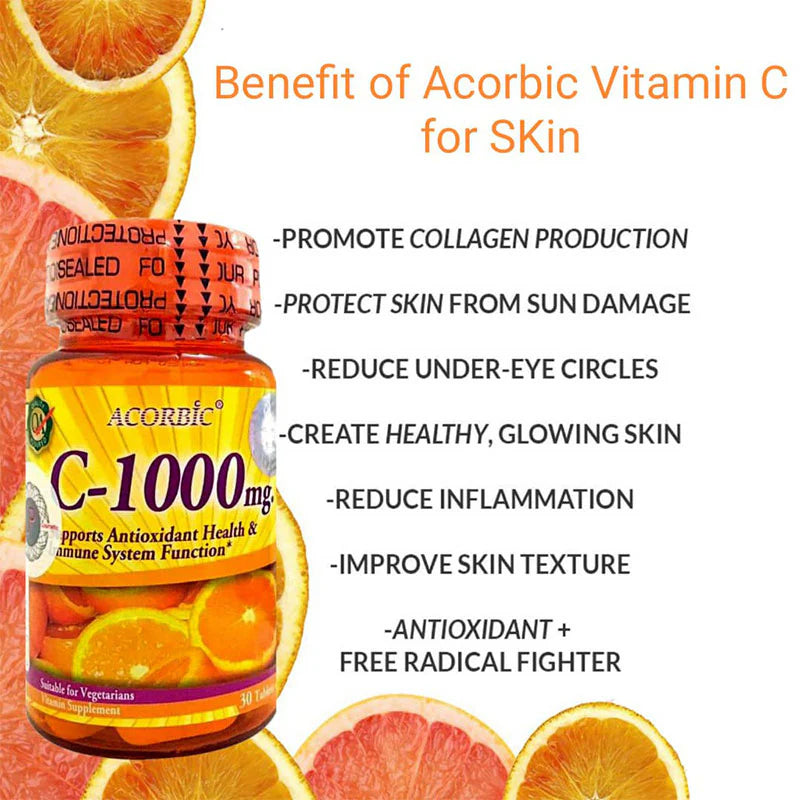 Acorbic C 1000mg – High-Potency Vitamin C Supplement for Immune Support – 2 Packs x 30 Tablets