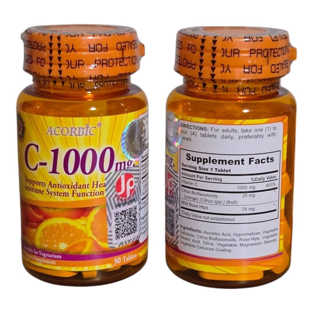Acorbic C 1000mg – High-Potency Vitamin C Supplement for Immune Support – 2 Packs x 30 Tablets