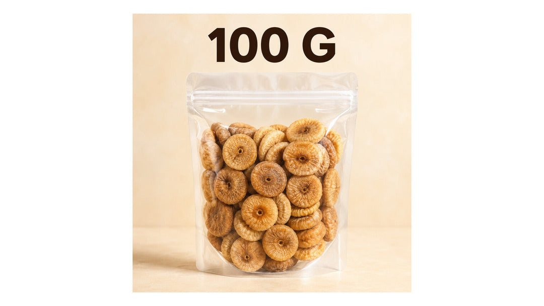 Dried fig balls in a resealable 100 g pouch, centred on a white 16:9 background