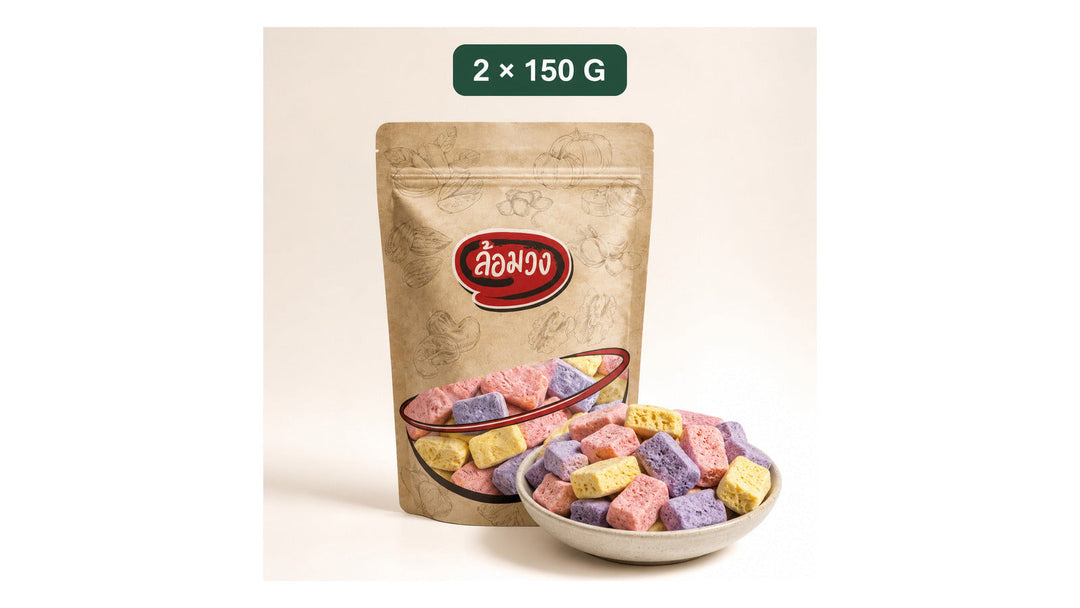 Rom-Wong freeze-dried yogurt cubes 2 x 150 g pack, centred on a white 16:9 background