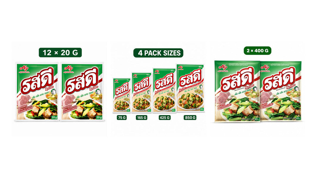 RosDee pork seasoning powder sachet, twin-pack and large-pouch formats, centred on a white 16:9 background