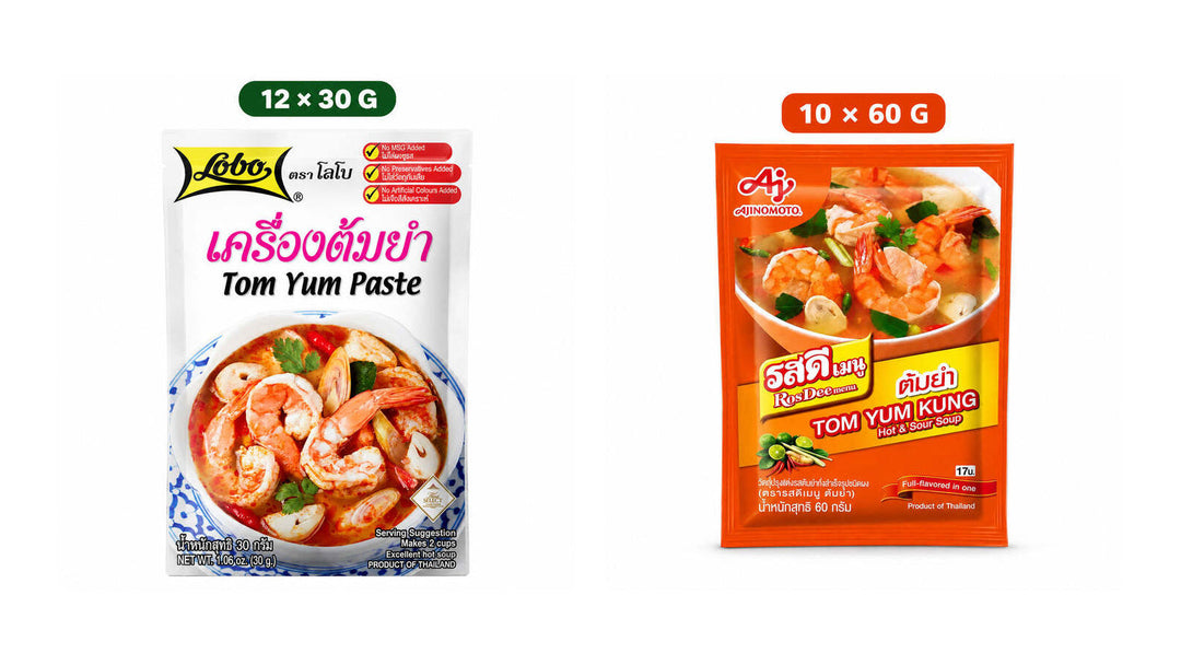 Lobo Tom Yum Paste and RosDee Tom Yum Kung Seasoning Powder pack formats