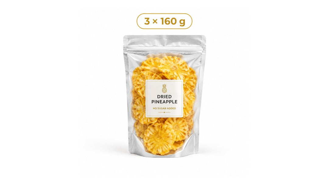 Three 160 g pouches of dried pineapple with no sugar added