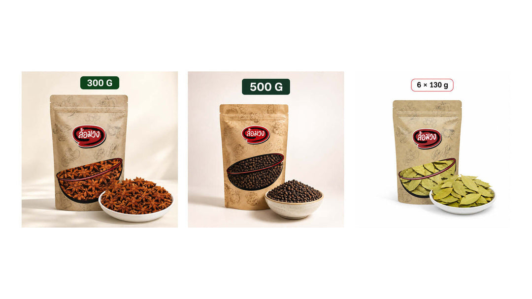 Rom-Wong whole star anise, black peppercorns and dried bay leaves