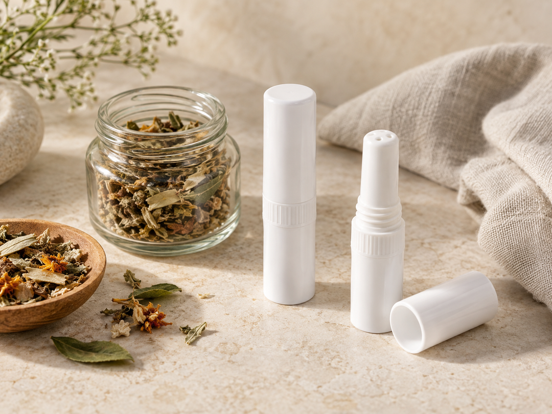 Editorial illustration: Two plain pocket nasal inhaler tubes, one with cap removed, beside a small glass jar of dried aromatic herbs.