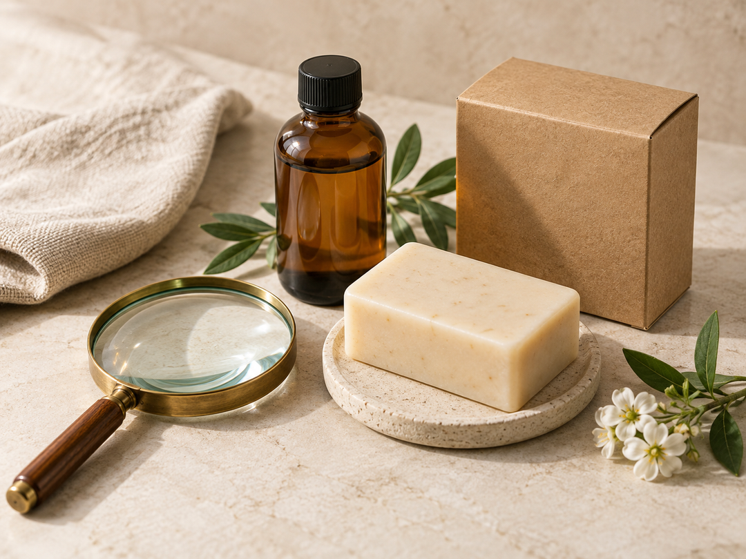 Editorial illustration: A magnifying glass beside a neatly arranged plain soap bar, amber cosmetic bottle and sealed kraft carton, suggesting careful online beauty shopping.