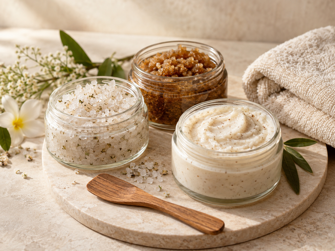 Editorial illustration: A coordinated trio of open low unlabelled cosmetic jars showing coarse mineral salt scrub, brown sugar body scrub, and rich ivory cream scrub, with one wooden cosmetic spatula and folded spa towel.