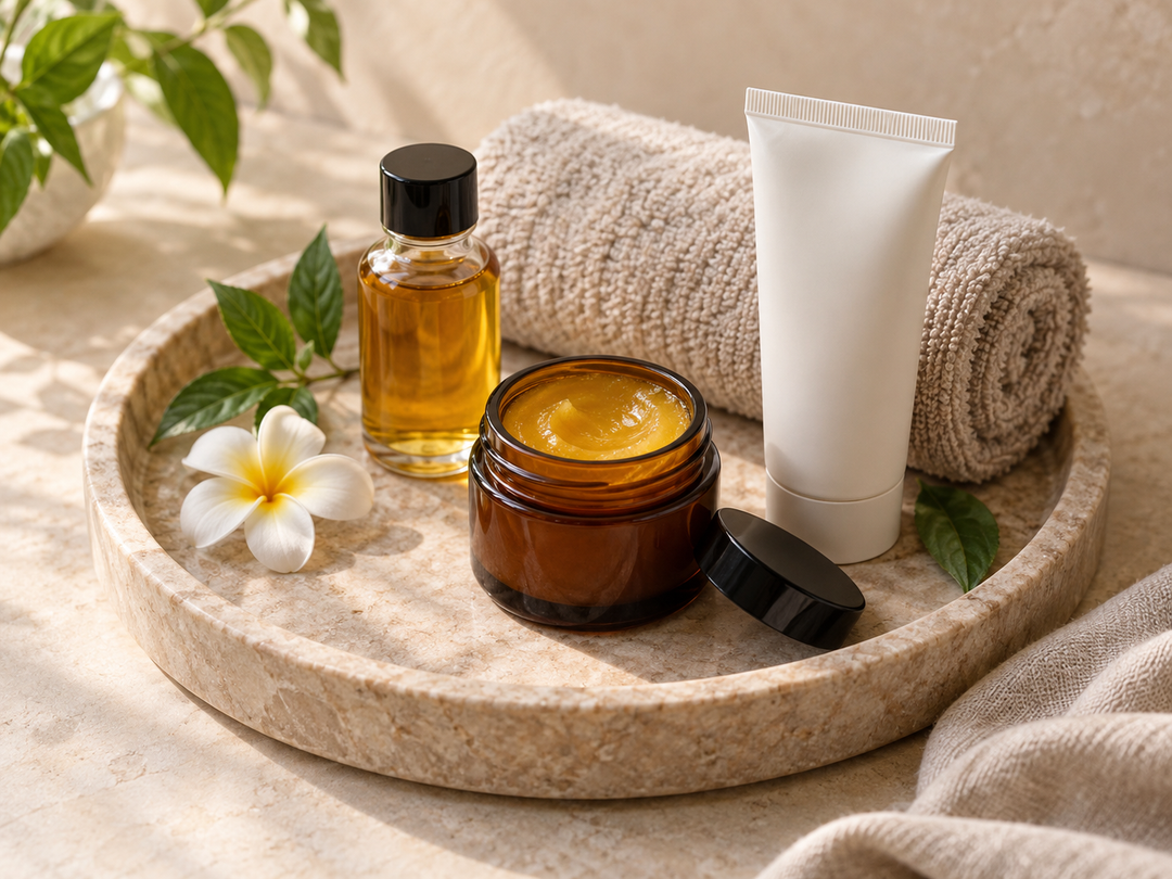 Editorial illustration: An open amber jar of golden balm, a small liniment bottle and a plain cream tube on a spa tray with a rolled towel.