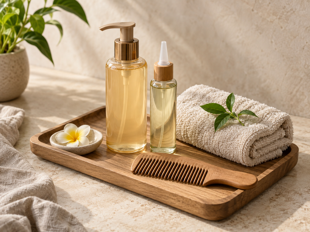 Editorial illustration: A shampoo pump bottle, slender scalp lotion bottle and wooden comb on a small spa tray, all unbranded, with a folded towel.