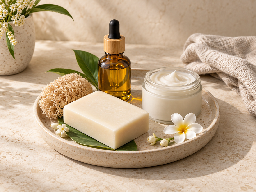 Editorial illustration: An understated Thai beauty still life with an ivory soap bar, amber cosmetic oil bottle and plain cream jar on a ceramic tray.