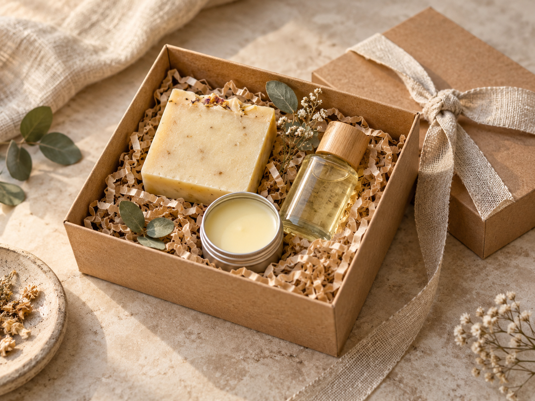 Editorial illustration: An open kraft gift box with natural paper cushioning containing a soap bar, small cosmetic bottle and balm jar, tied loose linen ribbon.