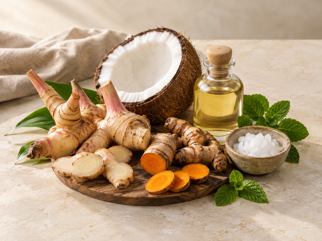 Editorial illustration: A botanical still life of plai and turmeric rhizomes, coconut half with a small oil bottle, mint leaves and a tiny dish of white crystalline aromatic material.