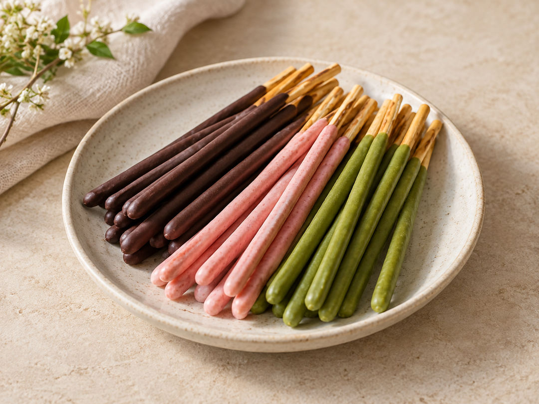 Editorial illustration: A small ceramic plate with chocolate, strawberry-pink and matcha-green coated slender biscuit sticks arranged together, no packaging.