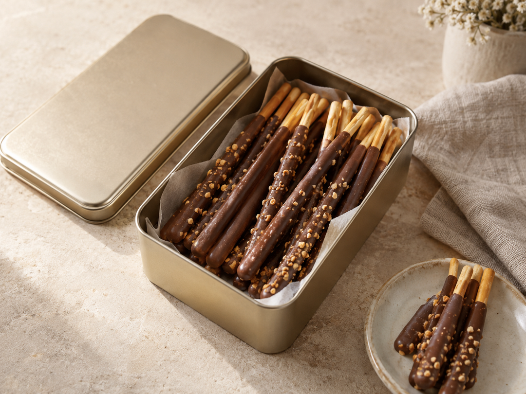 Editorial illustration: Chocolate-coated biscuit sticks in an open airtight storage tin, lid beside it, shaded indoors with no melting.