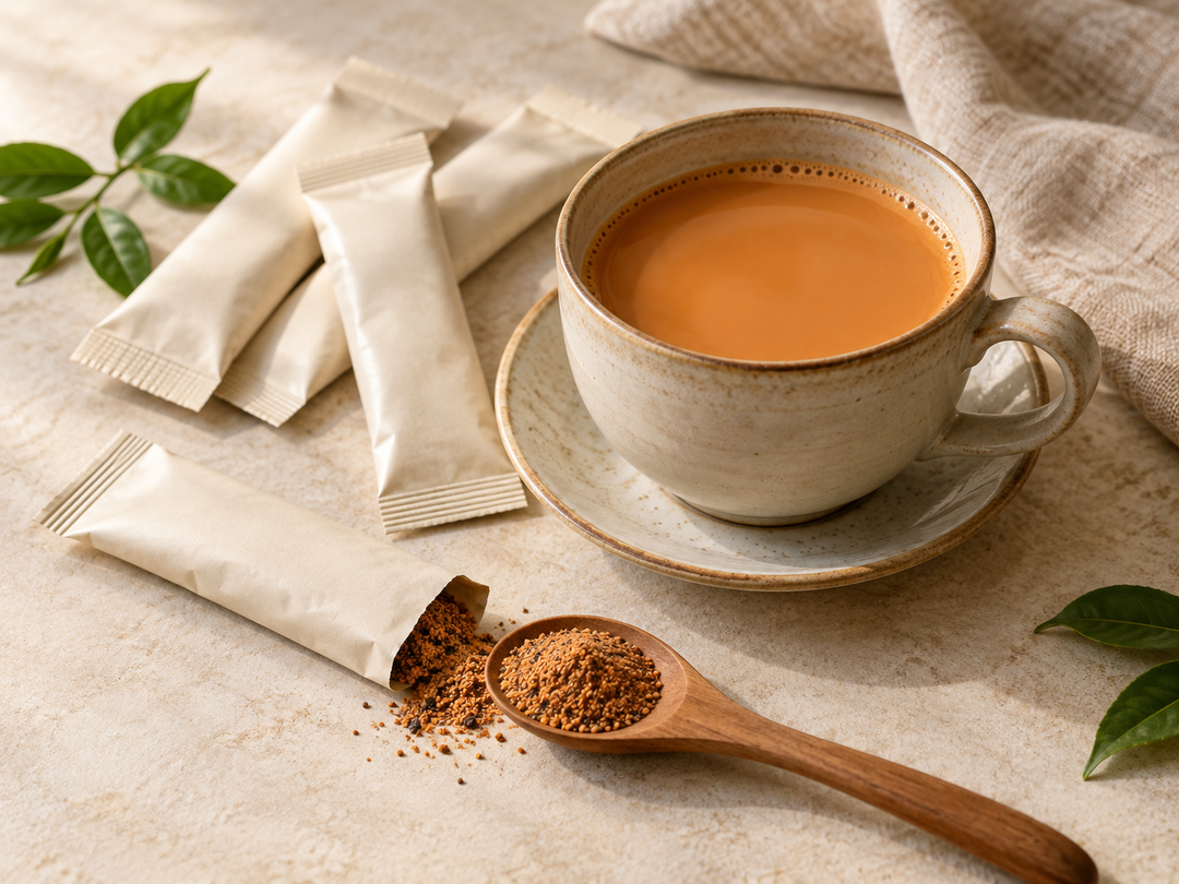 Editorial illustration: A warm ceramic cup of Thai milk tea beside several plain cream paper drink sachets, one open with a few granules in a small spoon.