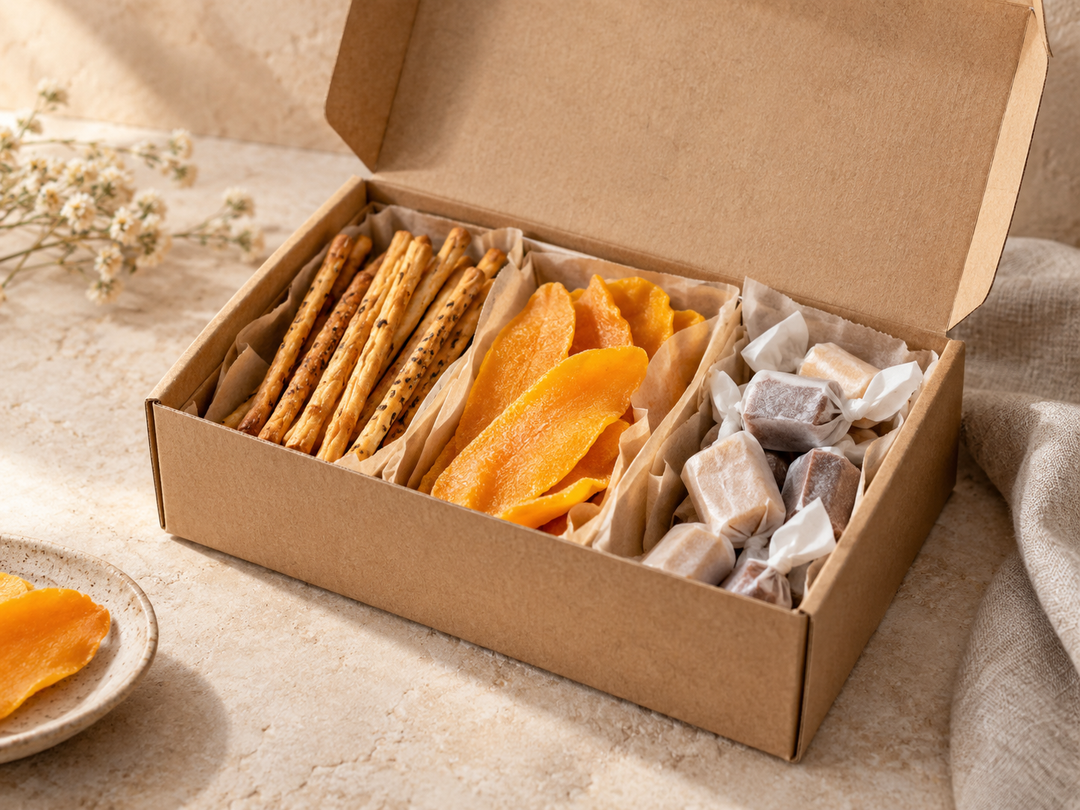 Editorial illustration: An open compact kraft sharing box neatly filled with small portions of biscuit sticks, dried mango and wrapped unprinted sweets in paper compartments.