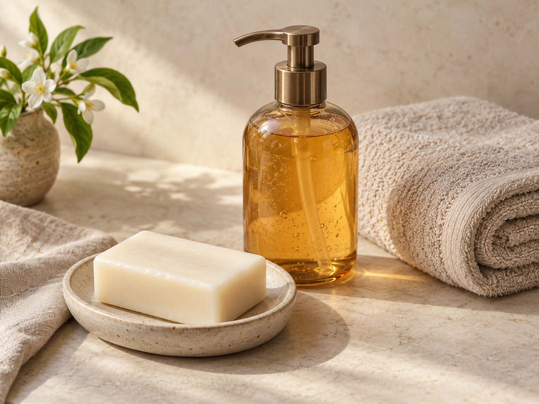 Editorial illustration: A plain ivory soap bar on a ceramic dish alongside a clear amber pump bottle of body wash and a folded spa towel.