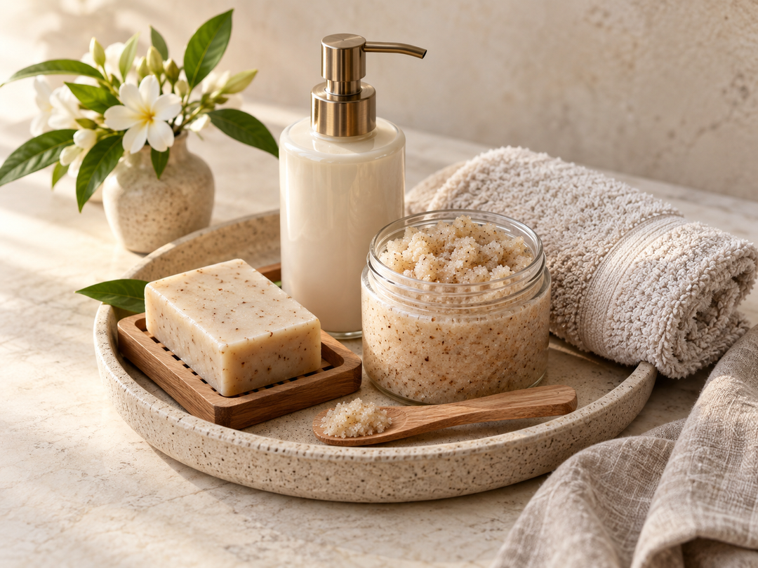 Editorial illustration: A coordinated body-care tray with a soap bar, open scrub jar and lotion pump, with a folded towel and wooden spatula.