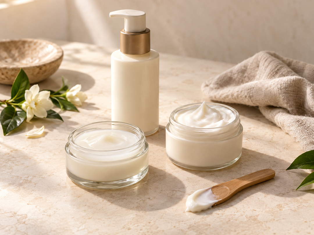 Editorial illustration: Two low unbranded lotion jars showing a light lotion and a thicker cream, one pump bottle and a cosmetic spatula with a small texture smear.