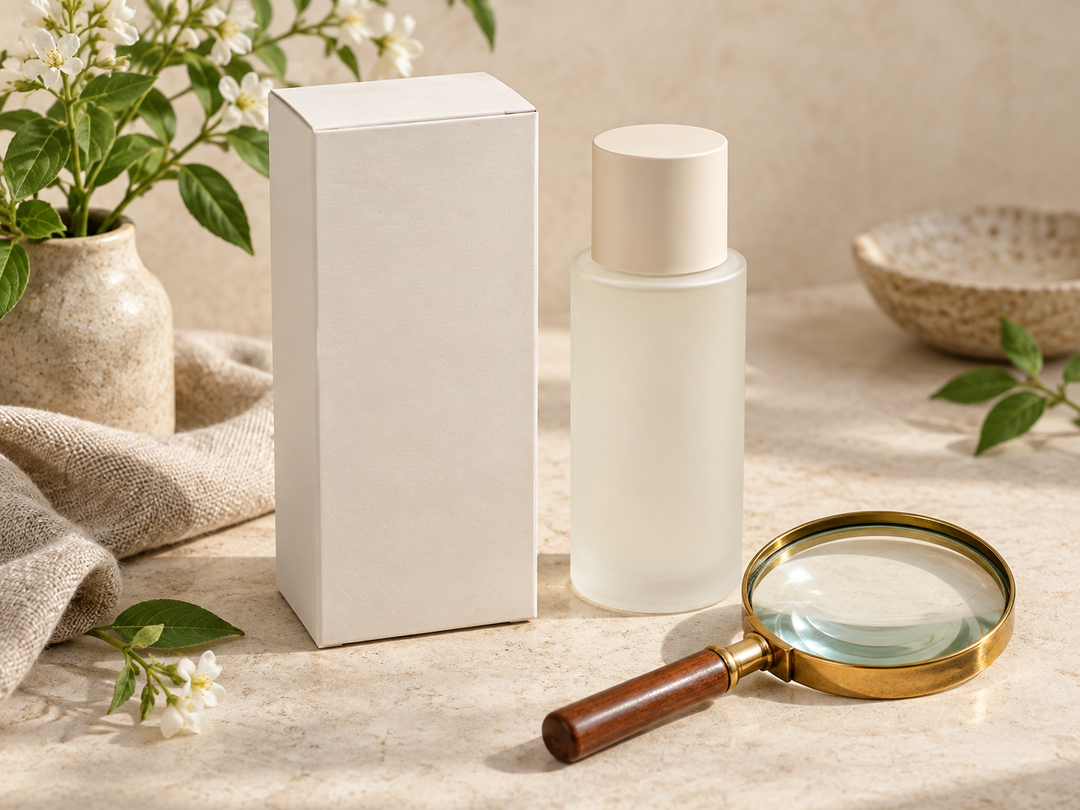 Editorial illustration: An unbranded cosmetic carton turned to a blank back panel beside a magnifying glass and a plain bottle.