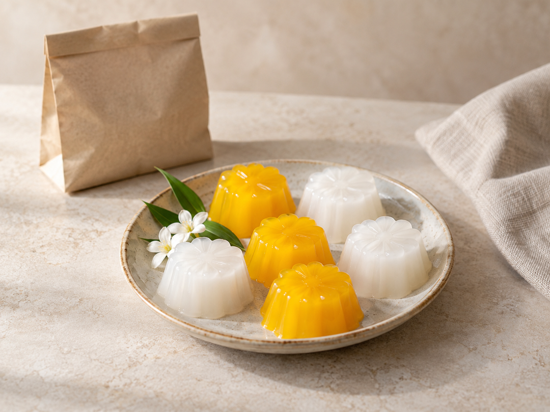 Editorial illustration: A small ceramic plate with neat translucent mango-yellow and coconut-white agar jelly shapes, plus a plain paper sachet behind, no packaging text.