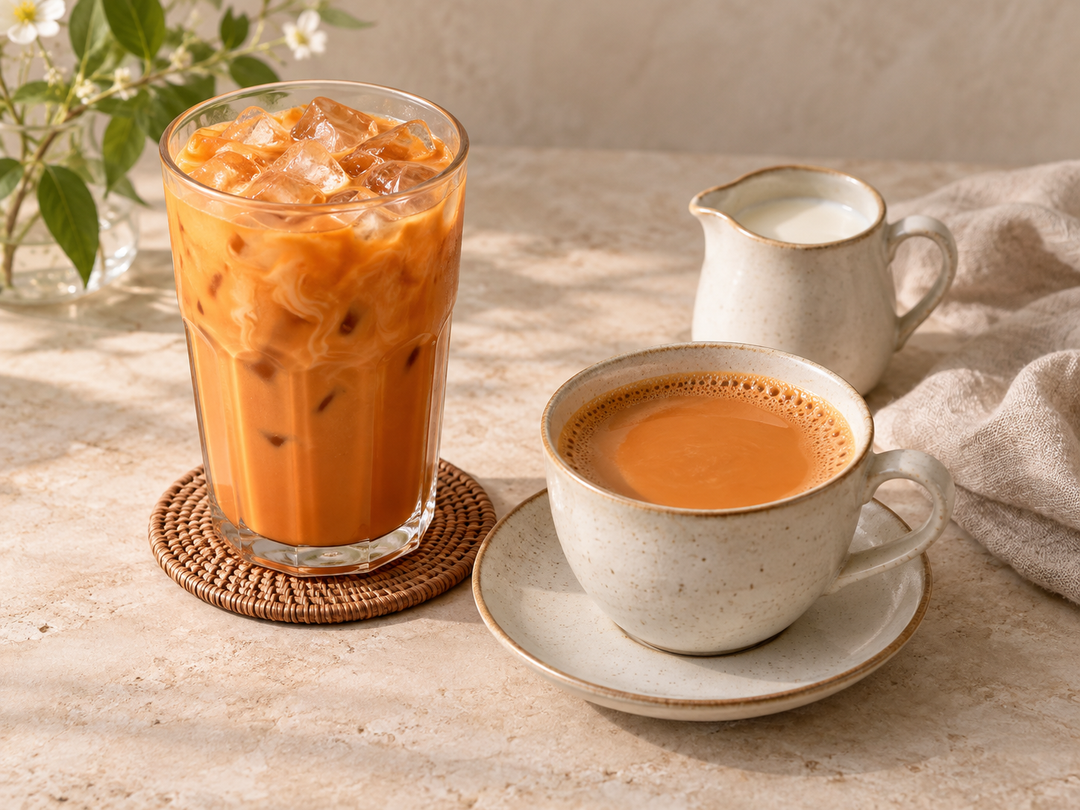 Editorial illustration: A glass of orange iced Thai tea and a ceramic cup of hot creamy Thai tea with a small milk pitcher, no tea packaging.