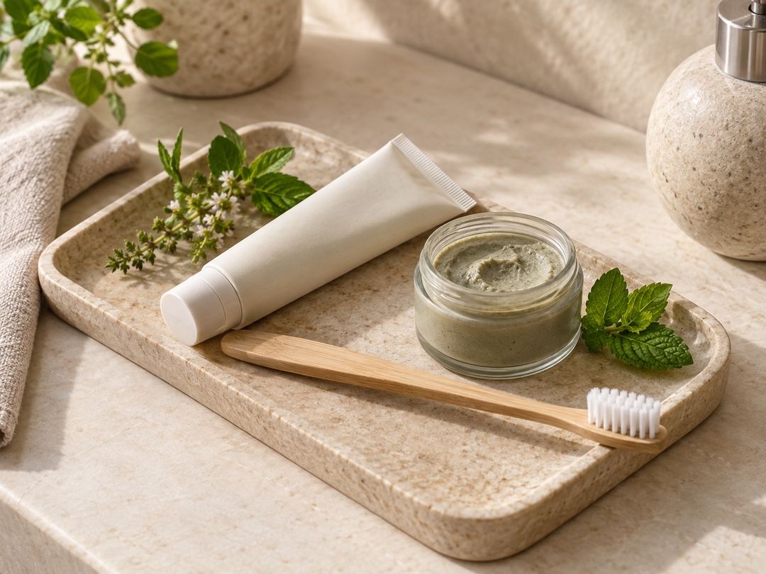 Editorial illustration: A plain herbal toothpaste tube, an open small toothpaste jar and a bamboo toothbrush on a bathroom tray.