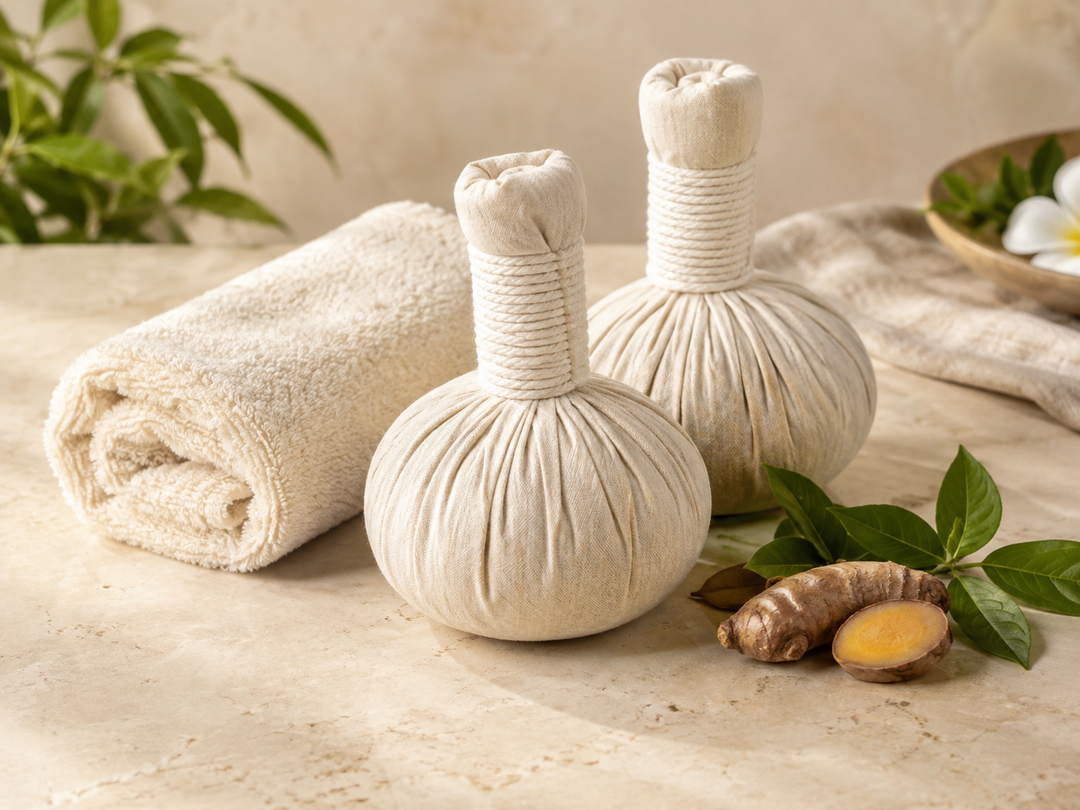 Editorial illustration: Two traditional Thai cotton herbal compress balls with tied cloth handles and an ivory towel, no medical imagery or instructional diagrams.