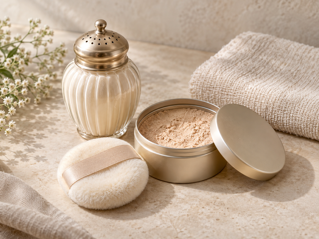 Editorial illustration: An unlabelled elegant powder shaker beside a small open cosmetic powder tin, a soft powder puff and a folded towel.