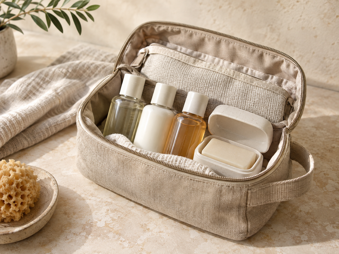 Editorial illustration: A compact open linen toiletry bag with three plain travel-size bottles and a small soap case, carefully arranged.