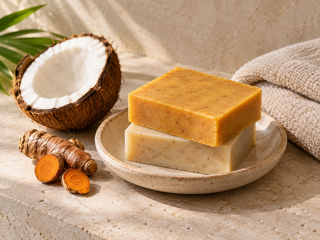 Editorial illustration: Two simple unbranded herbal soap bars, a small piece of turmeric root and a coconut shell detail on a ceramic soap dish beside a towel.
