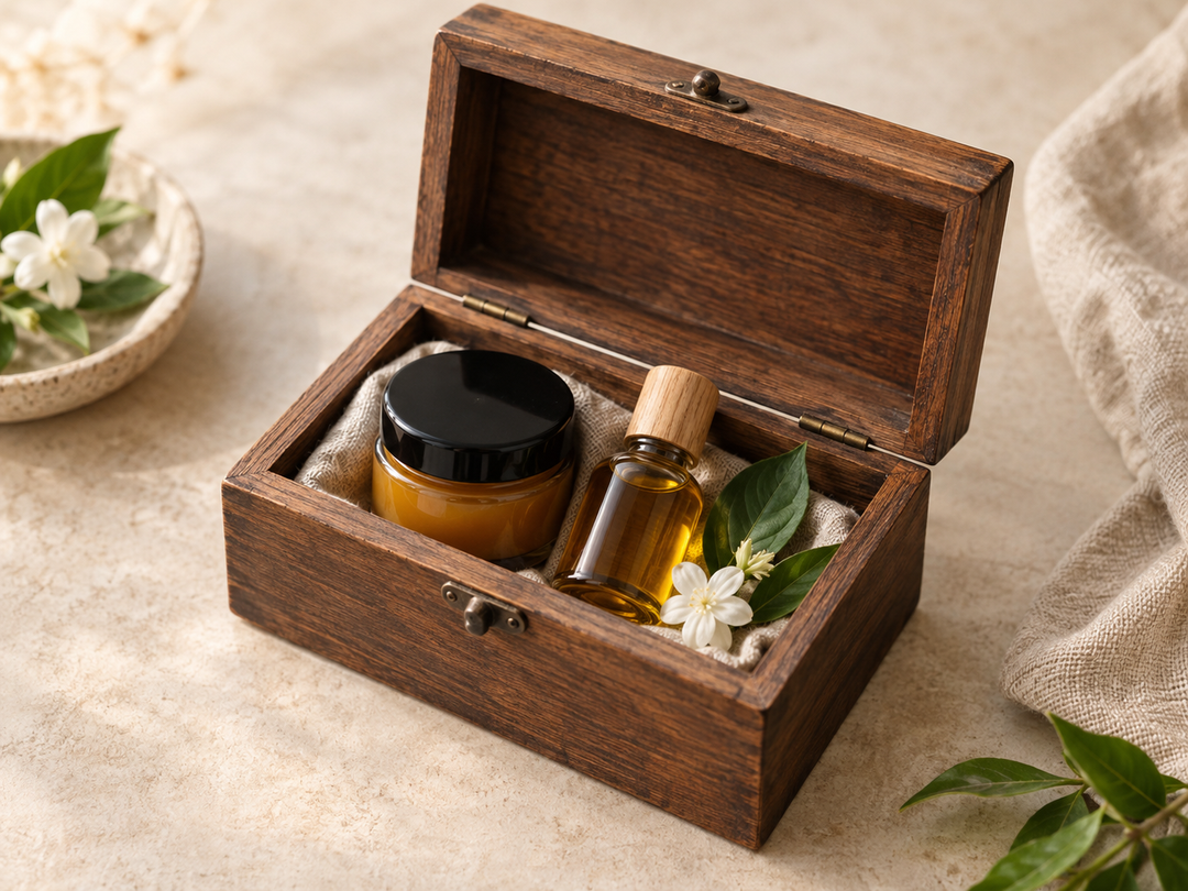 Editorial illustration: A closed amber balm jar and capped aromatic oil bottle in a shaded open small wooden storage box, no sun exposure or refrigeration.