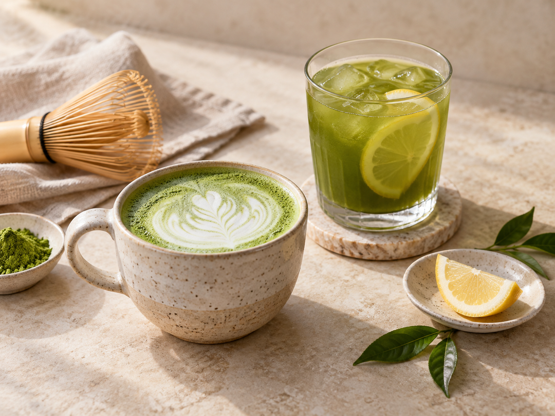 Editorial illustration: A creamy green matcha latte in a ceramic cup beside a transparent glass of lemon matcha tea, small lemon wedge and bamboo whisk.