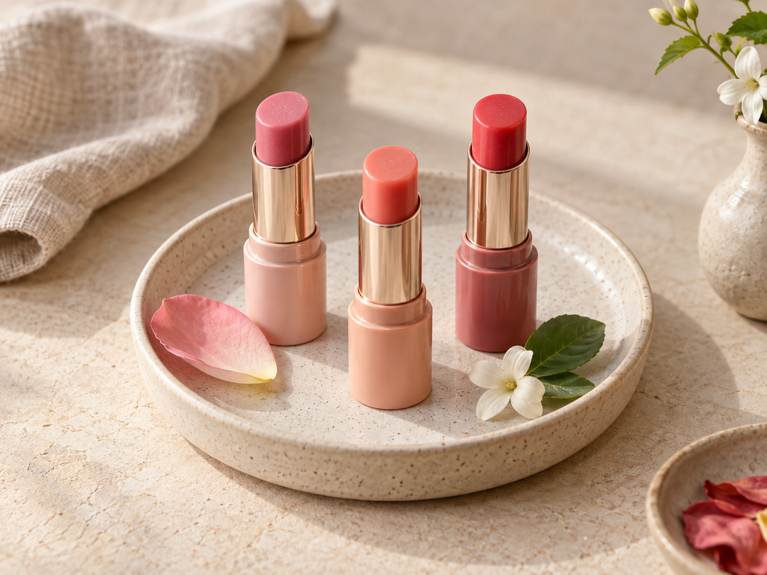 Editorial illustration: Three open plain tinted lip balm sticks in rose pink, coral peach and soft strawberry red, compact arranged on a ceramic cosmetic tray.