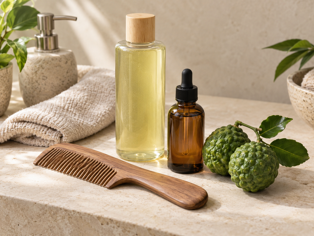 Editorial illustration: Plain shampoo and tonic bottles with a wooden comb and two whole bumpy makrut limes with leaves.