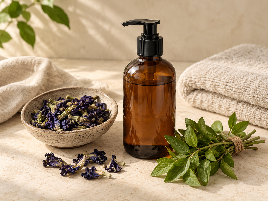 Editorial illustration: A plain amber shampoo bottle beside dried butterfly pea flowers and a small bundle of henna leaves, with folded spa towel.