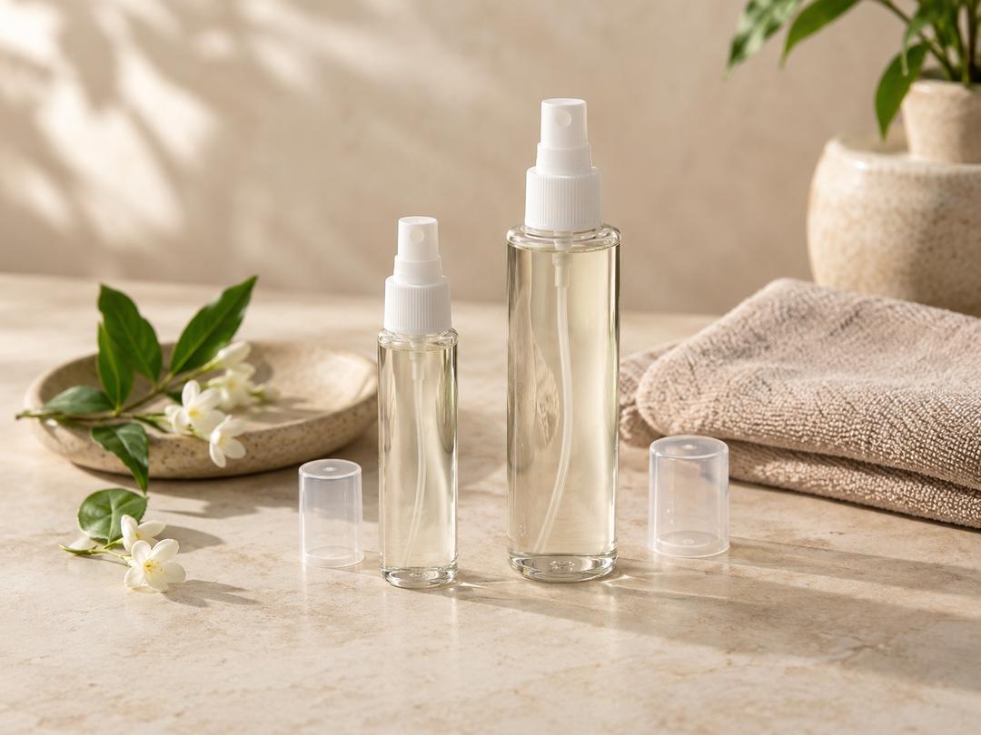 Editorial illustration: Two unbranded slim mist spray bottles, one small and one larger, with caps alongside and folded towel.