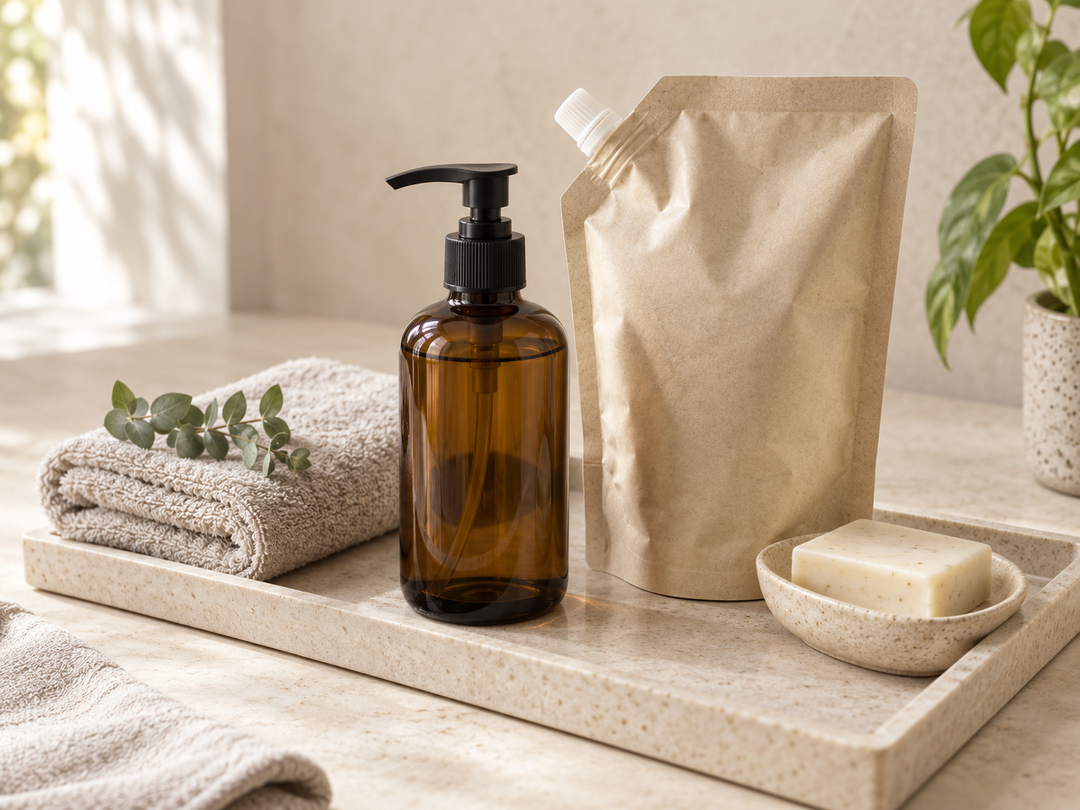Editorial illustration: A plain amber pump bottle beside an unprinted refill pouch, on a clean bathroom tray with a folded towel.