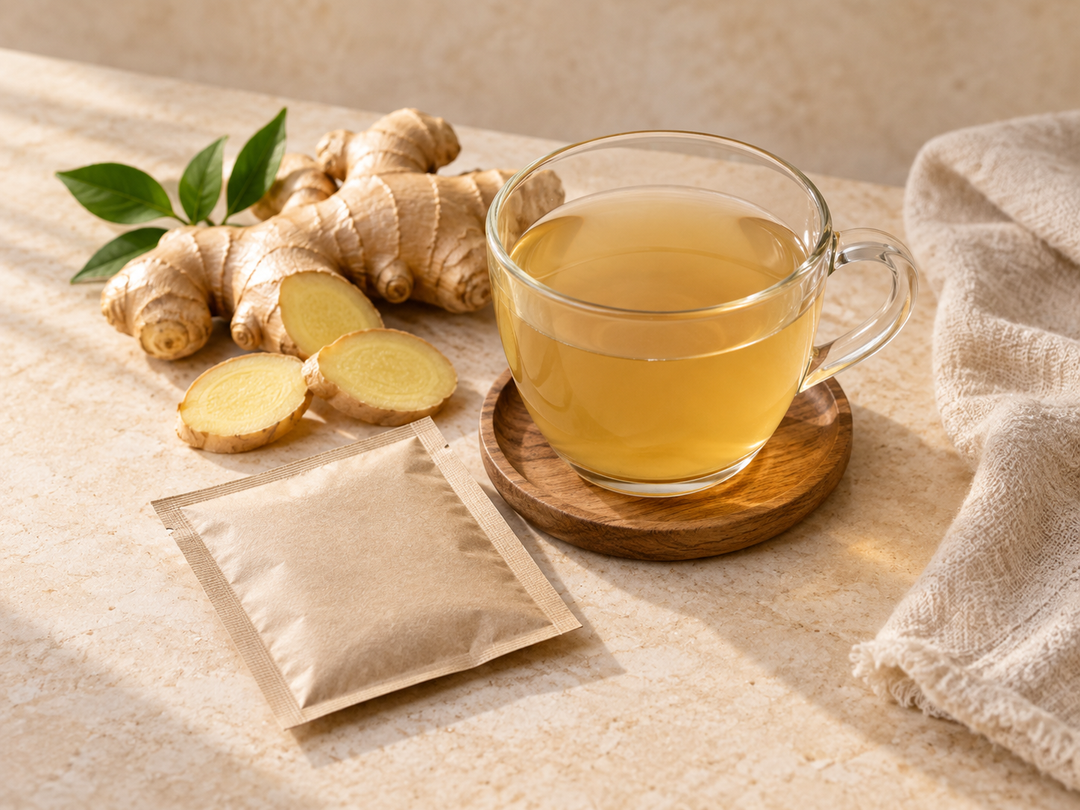 Editorial illustration: A clear warm ginger drink in a small glass cup with slices of fresh ginger and a plain paper sachet.