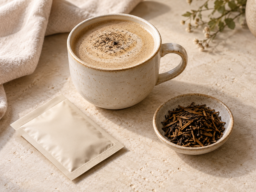 Editorial illustration: A ceramic cup of tan hojicha latte, small dish of roasted tea leaves and one plain sachet.