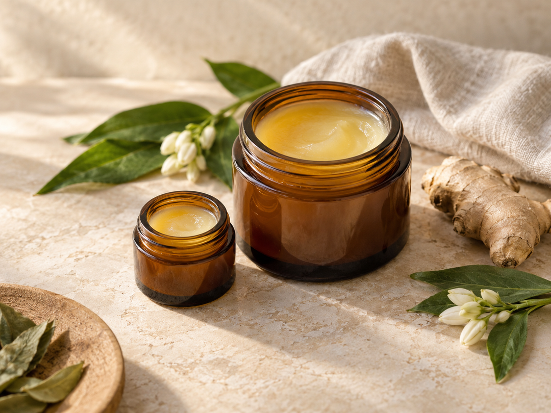 Editorial illustration: Two unlabelled amber balm jars, a tiny pocket jar and a standard larger jar, one open showing pale golden balm.